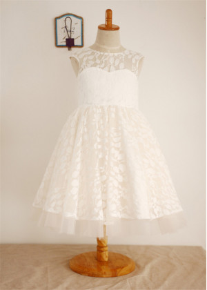 Ivory Lace Champagne Tulle V Back Sweet Rustic Flower Girl Dress